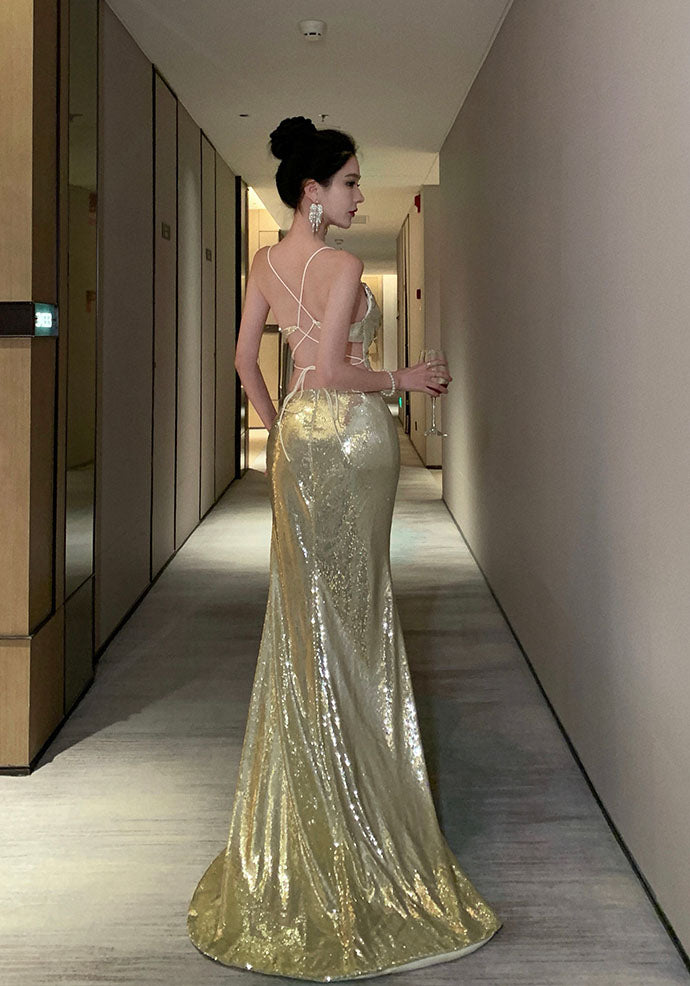 Gold Sequin Backless Evening Dress