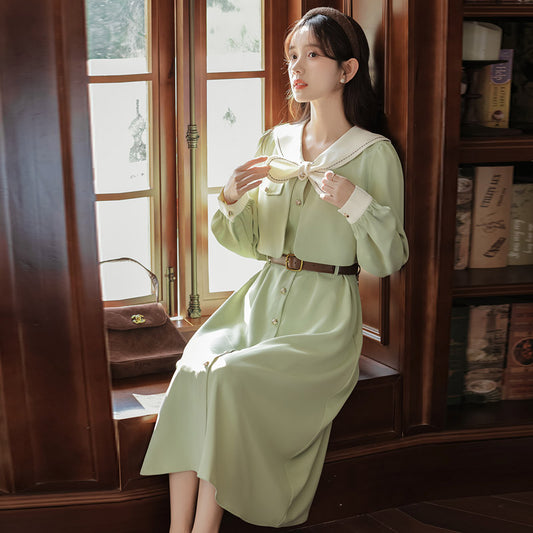 Matcha Green Doll Collar Mid-length Dress