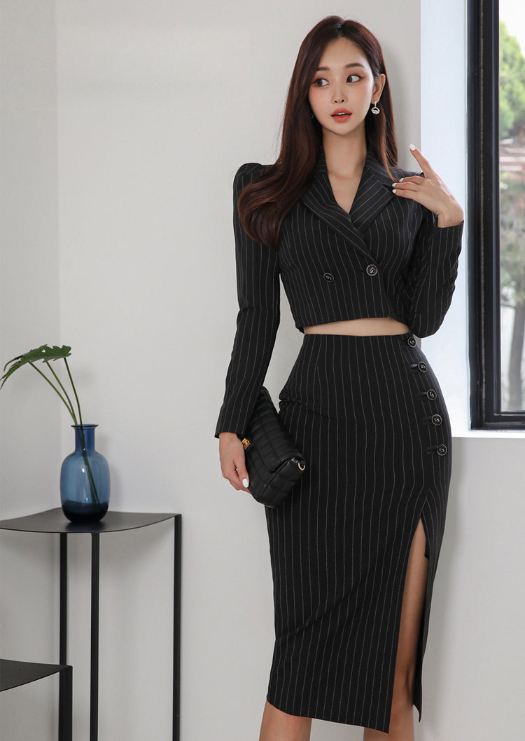 Black Striped Crop Top + Skirt Two Pieces Set