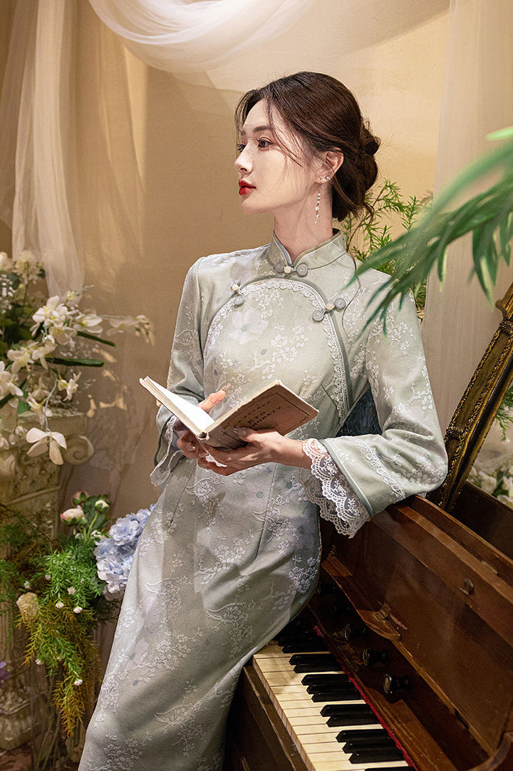 Greenish-grey Inverted Large Sleeves Long Cheongsam