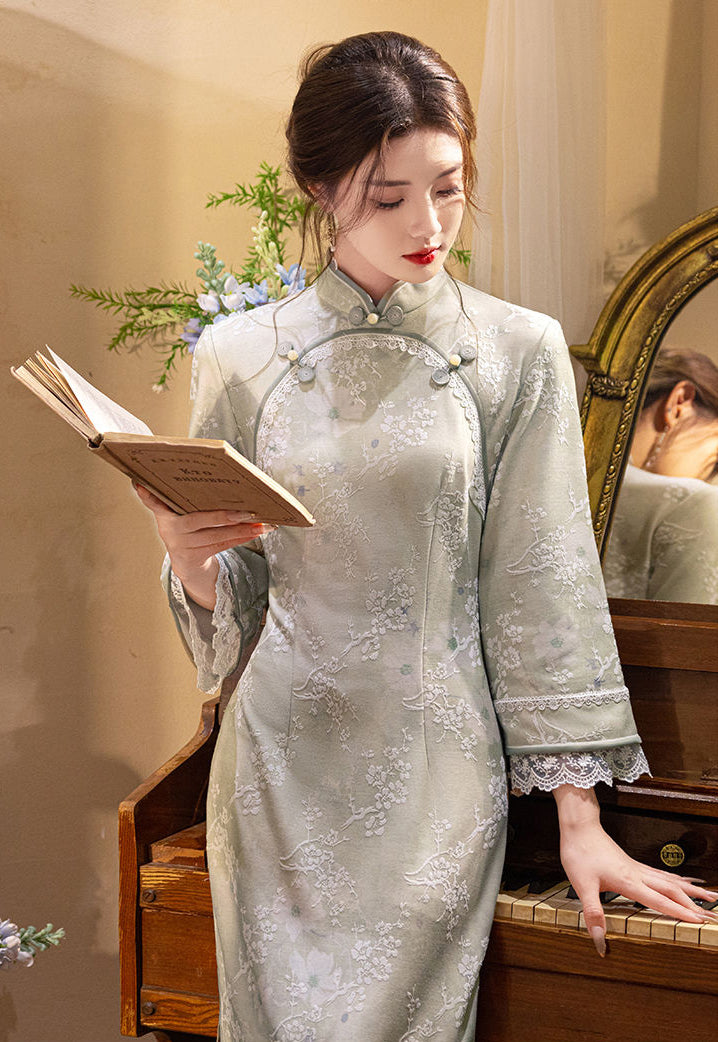 Greenish-grey Inverted Large Sleeves Long Cheongsam