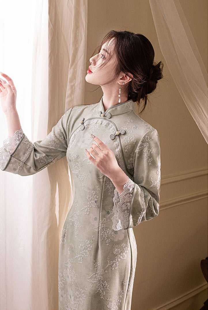 Greenish-grey Inverted Large Sleeves Long Cheongsam