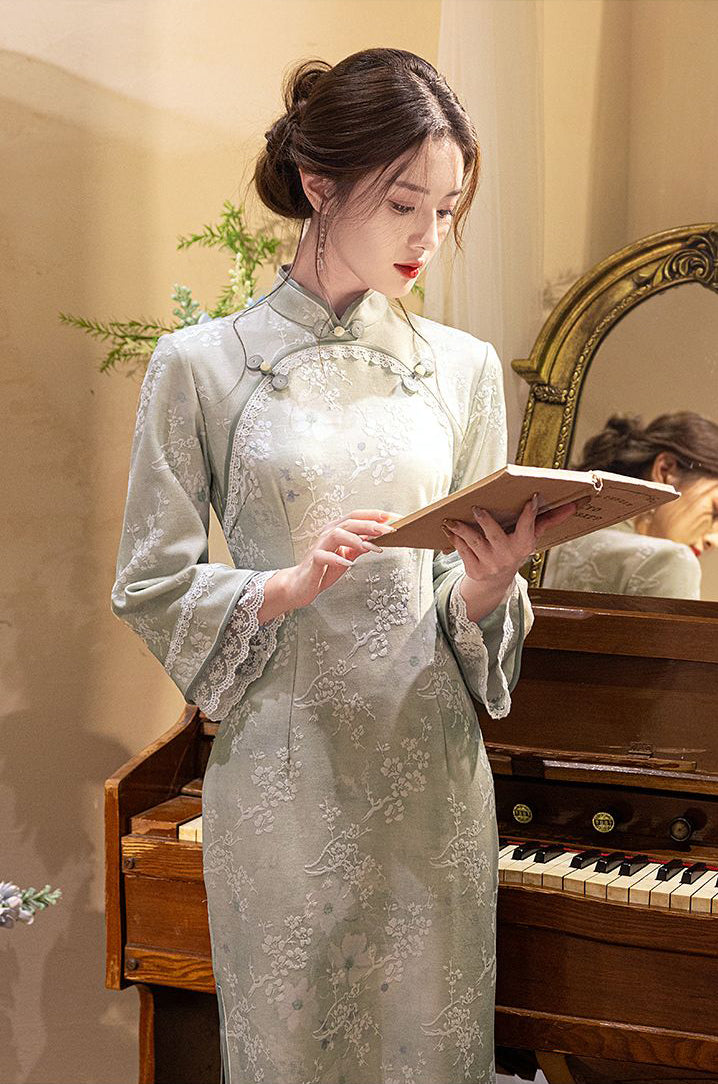 Greenish-grey Inverted Large Sleeves Long Cheongsam