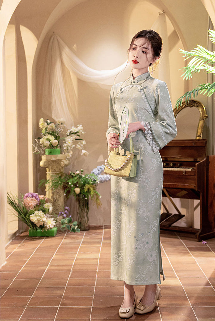 Greenish-grey Inverted Large Sleeves Long Cheongsam