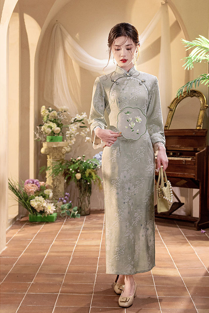 Greenish-grey Inverted Large Sleeves Long Cheongsam