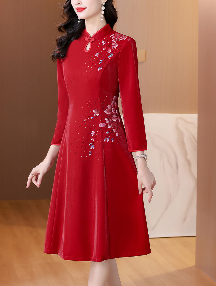 Claret Red Retro Long-sleeve Cheongsam