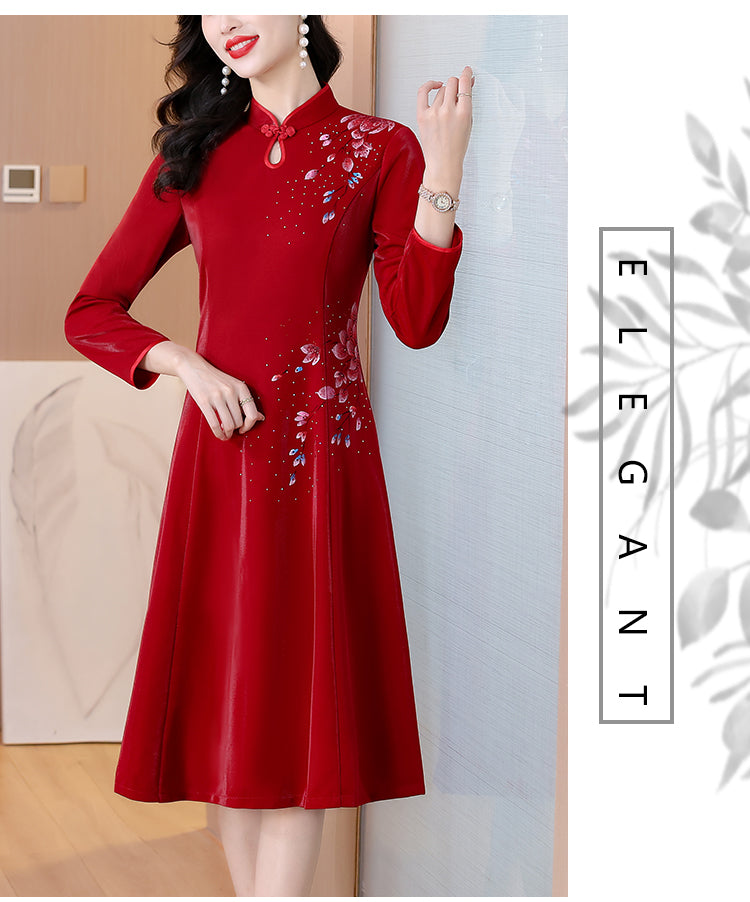 Claret Red Retro Long-sleeve Cheongsam