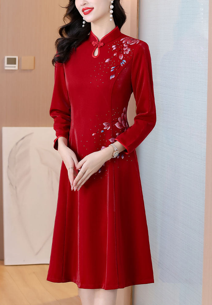 Claret Red Retro Long-sleeve Cheongsam