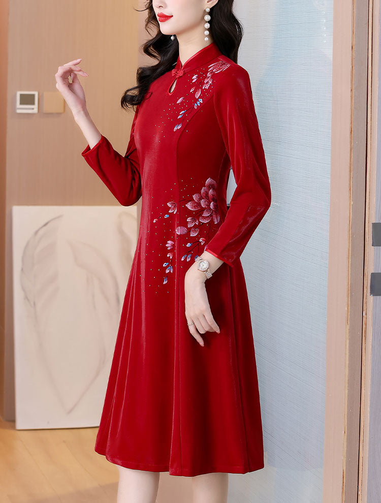 Claret Red Retro Long-sleeve Cheongsam