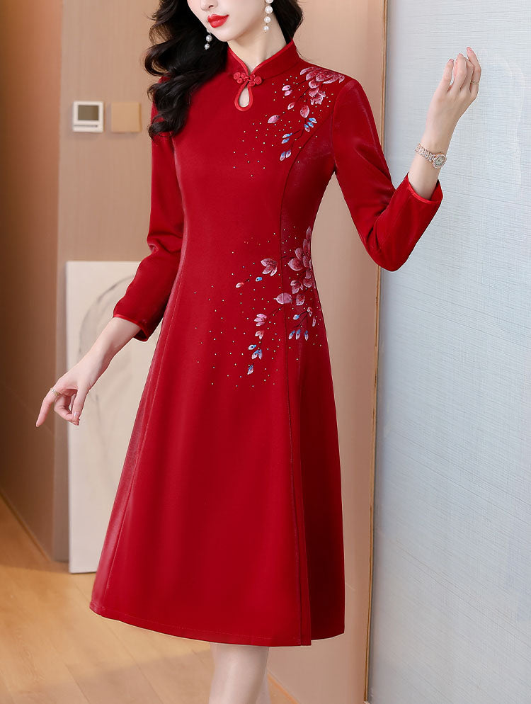 Claret Red Retro Long-sleeve Cheongsam