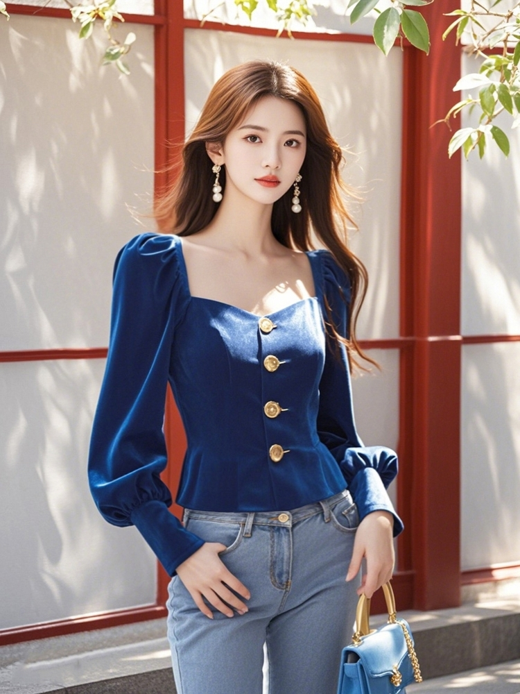 Square Neck Blue Velvet Long-sleeve Tops