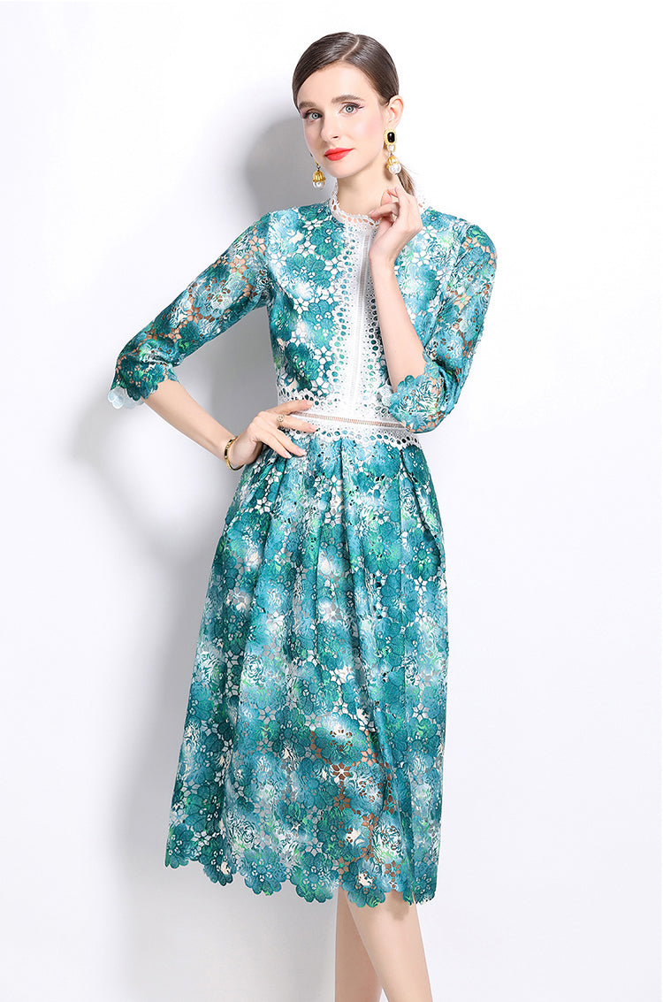 Green Flower Lace Mid-length Dress