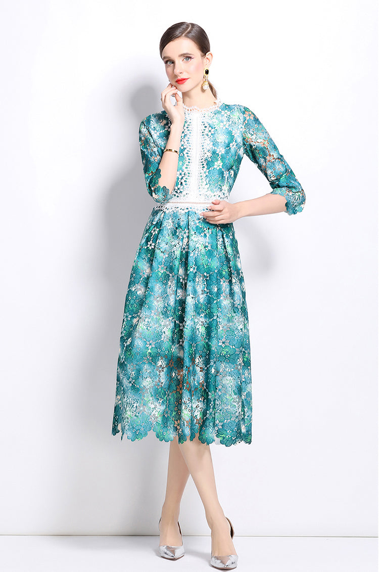 Green Flower Lace Mid-length Dress