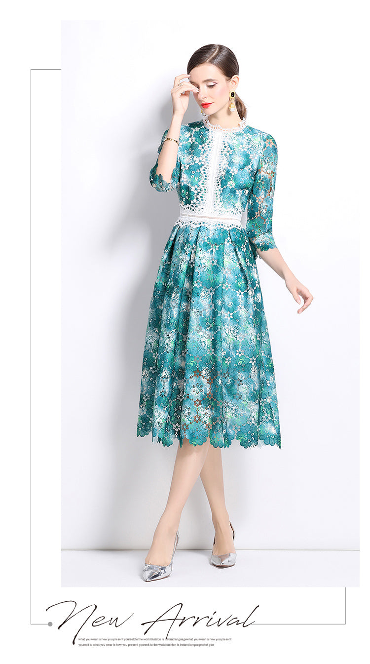 Green Flower Lace Mid-length Dress