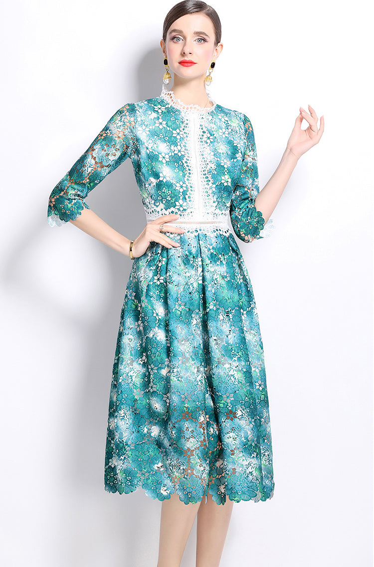 Green Flower Lace Mid-length Dress