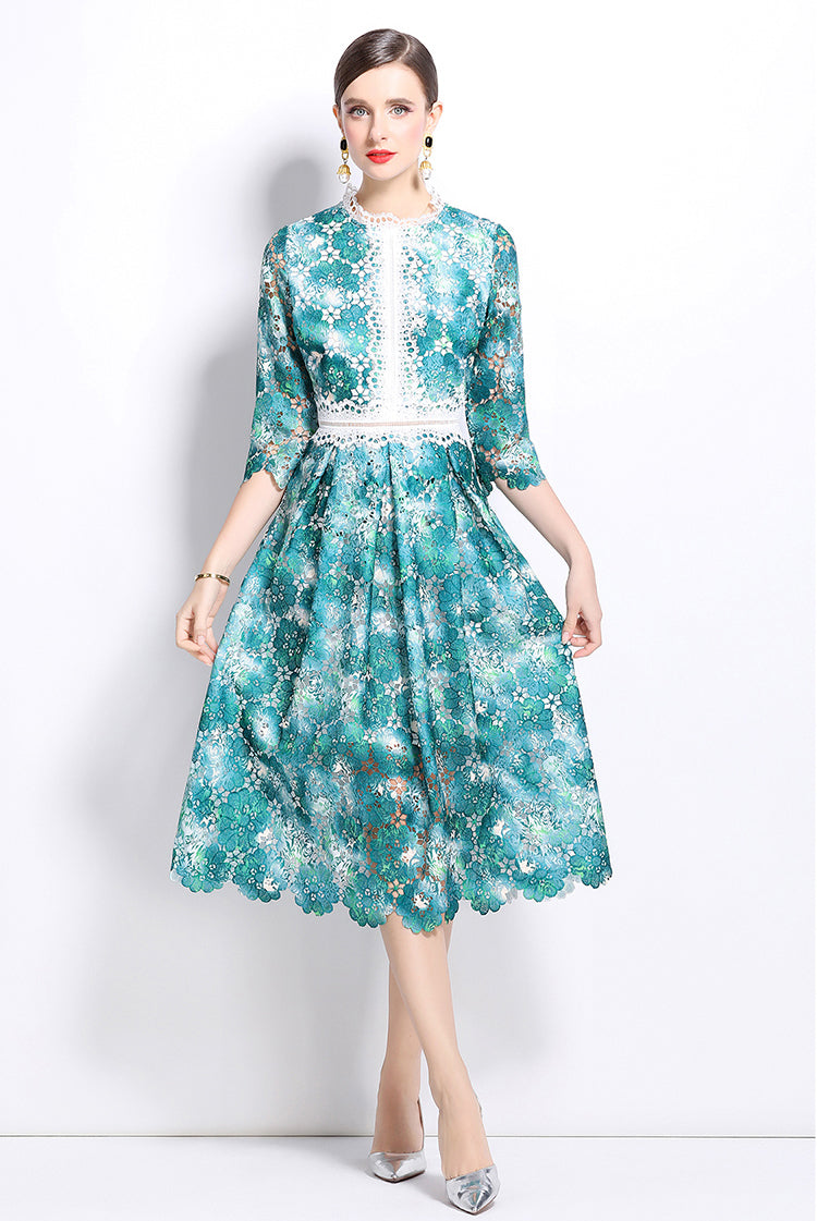 Green Flower Lace Mid-length Dress