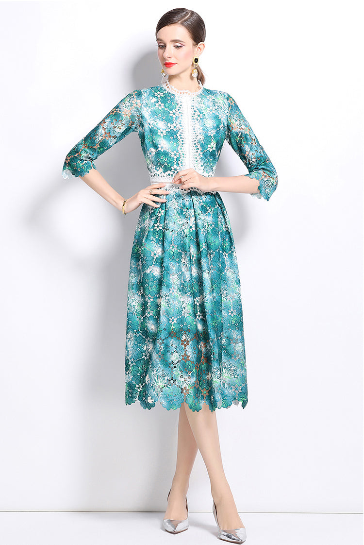 Green Flower Lace Mid-length Dress