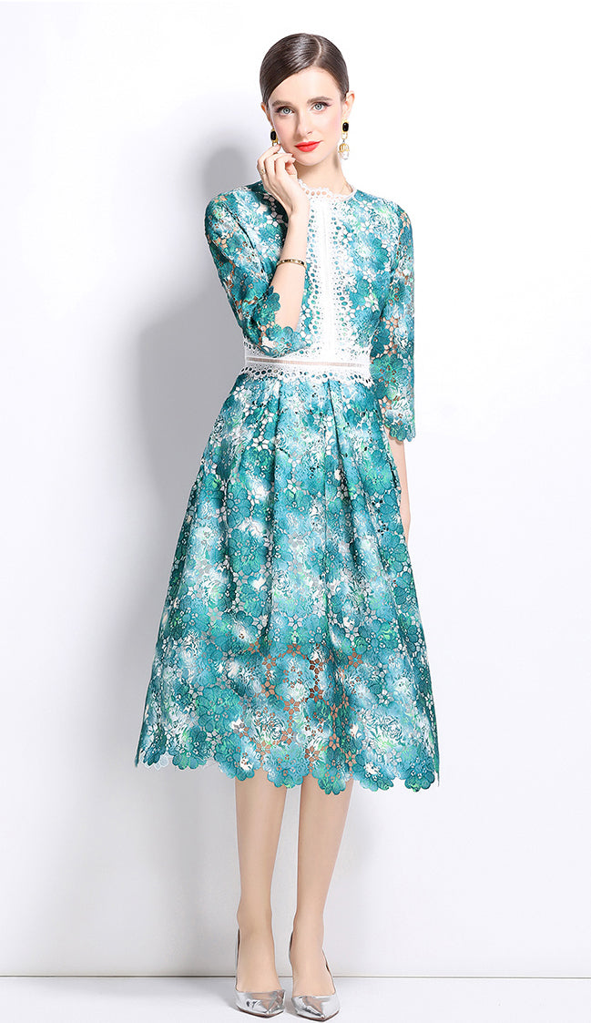 Green Flower Lace Mid-length Dress