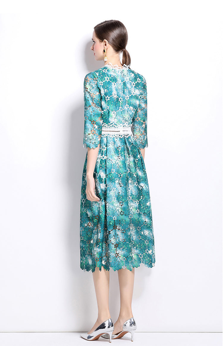 Green Flower Lace Mid-length Dress