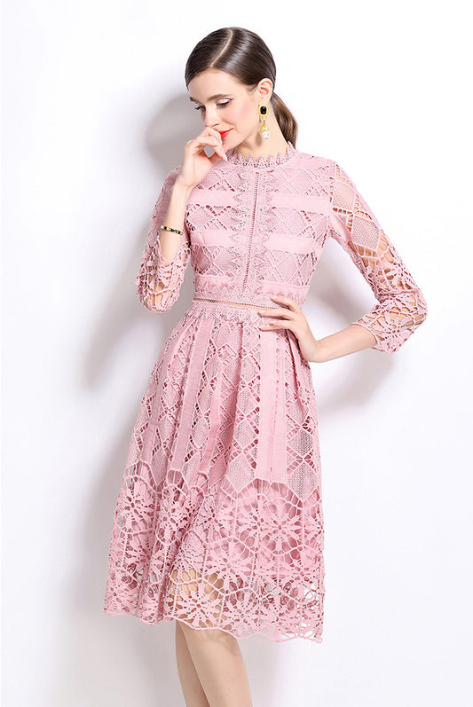 Pink Hollow Hook Flower Lace Dress