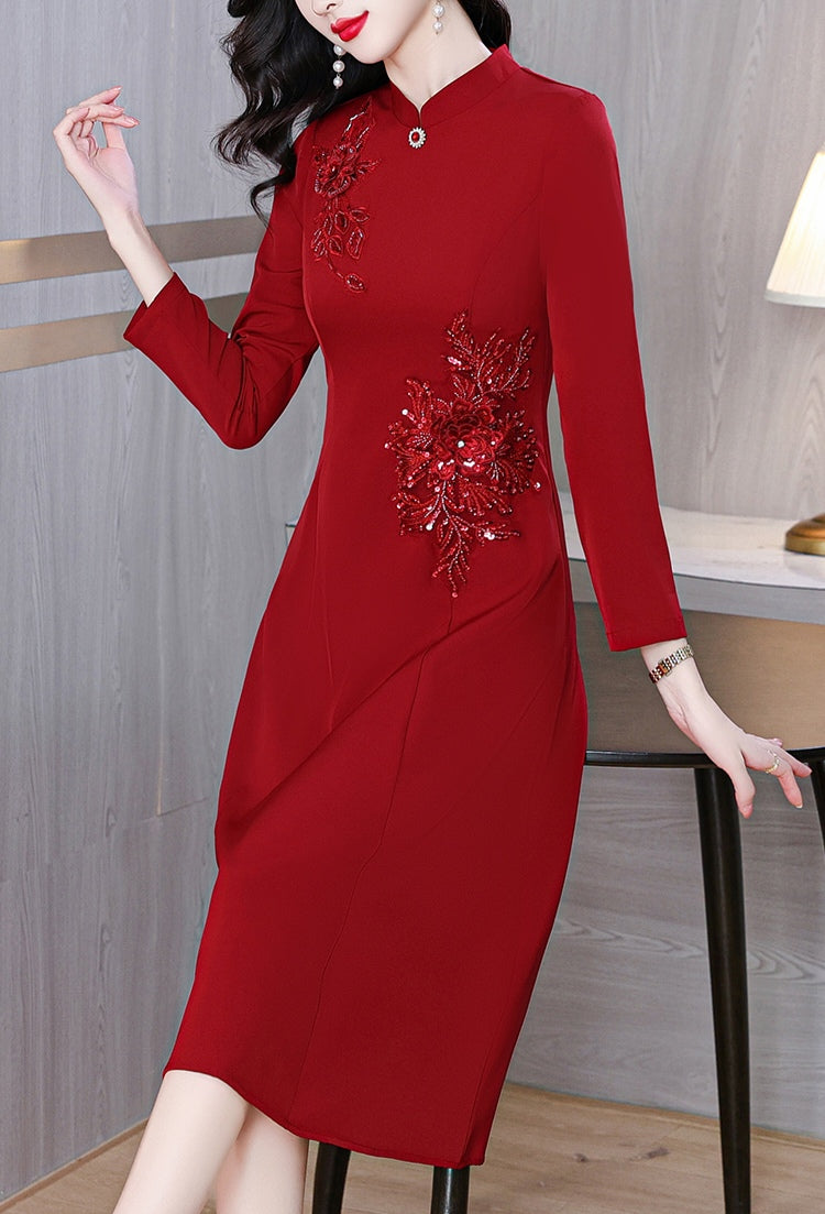 Red Long-sleeve Cheongsam Banquet Dress