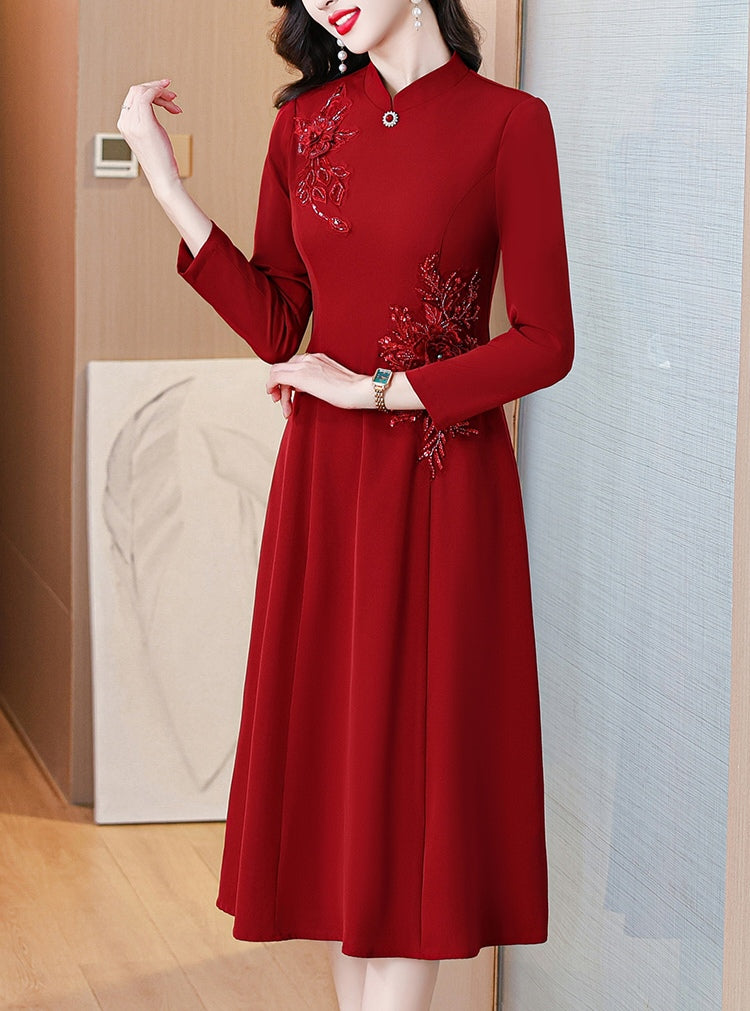 Red Long-sleeve Cheongsam Banquet Dress