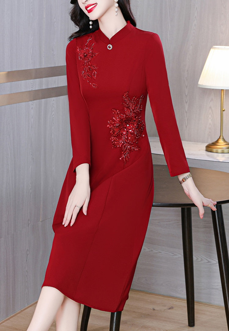 Red Long-sleeve Cheongsam Banquet Dress