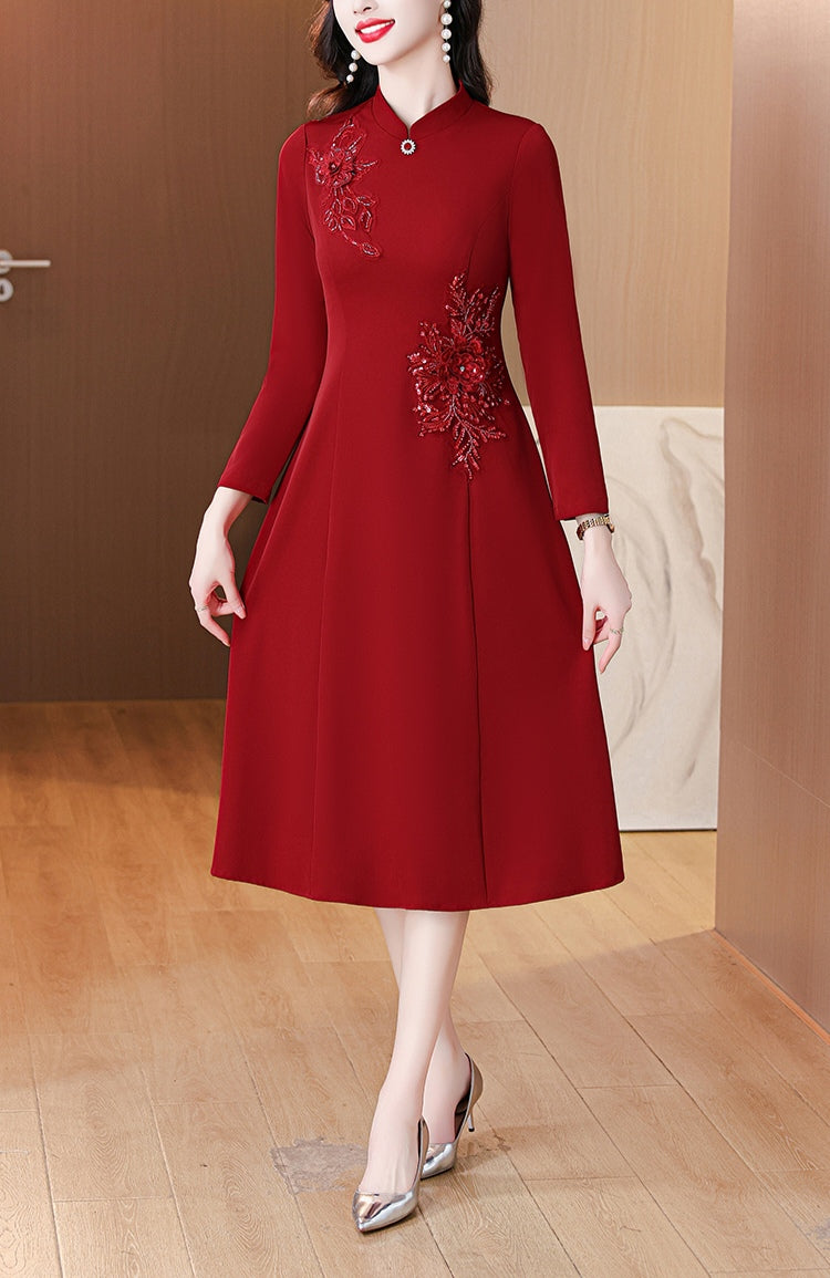 Red Long-sleeve Cheongsam Banquet Dress