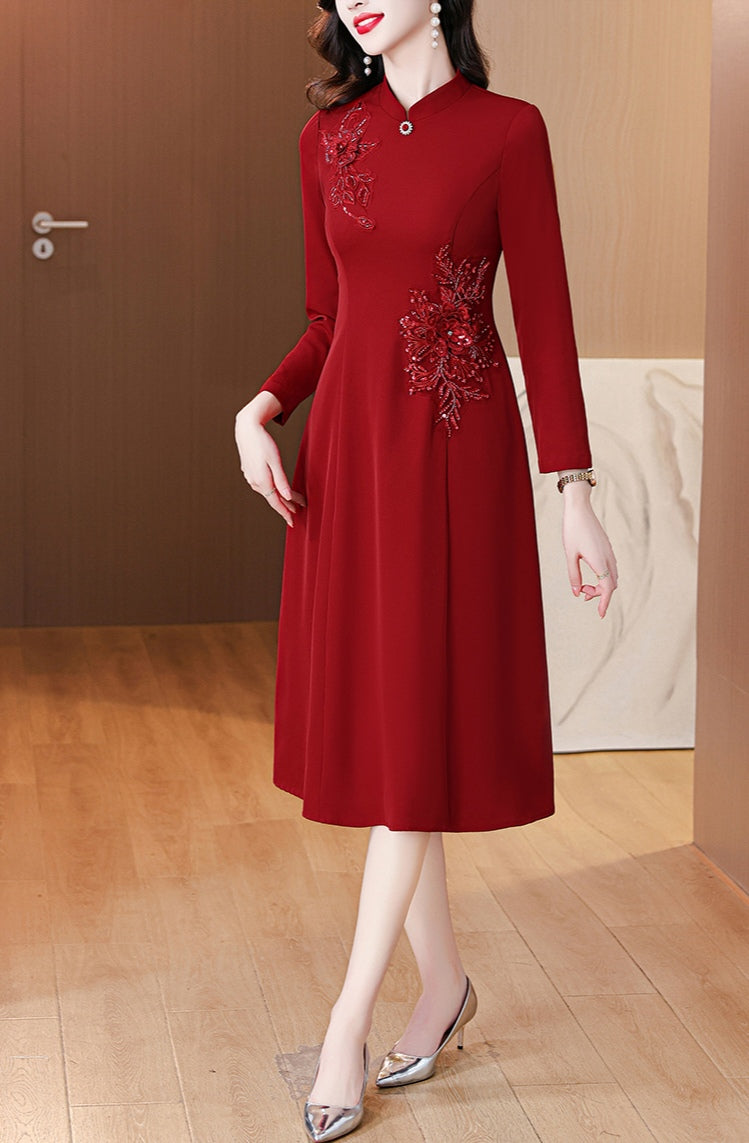 Red Long-sleeve Cheongsam Banquet Dress