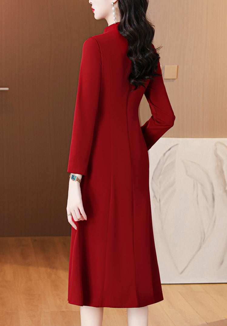 Red Long-sleeve Cheongsam Banquet Dress