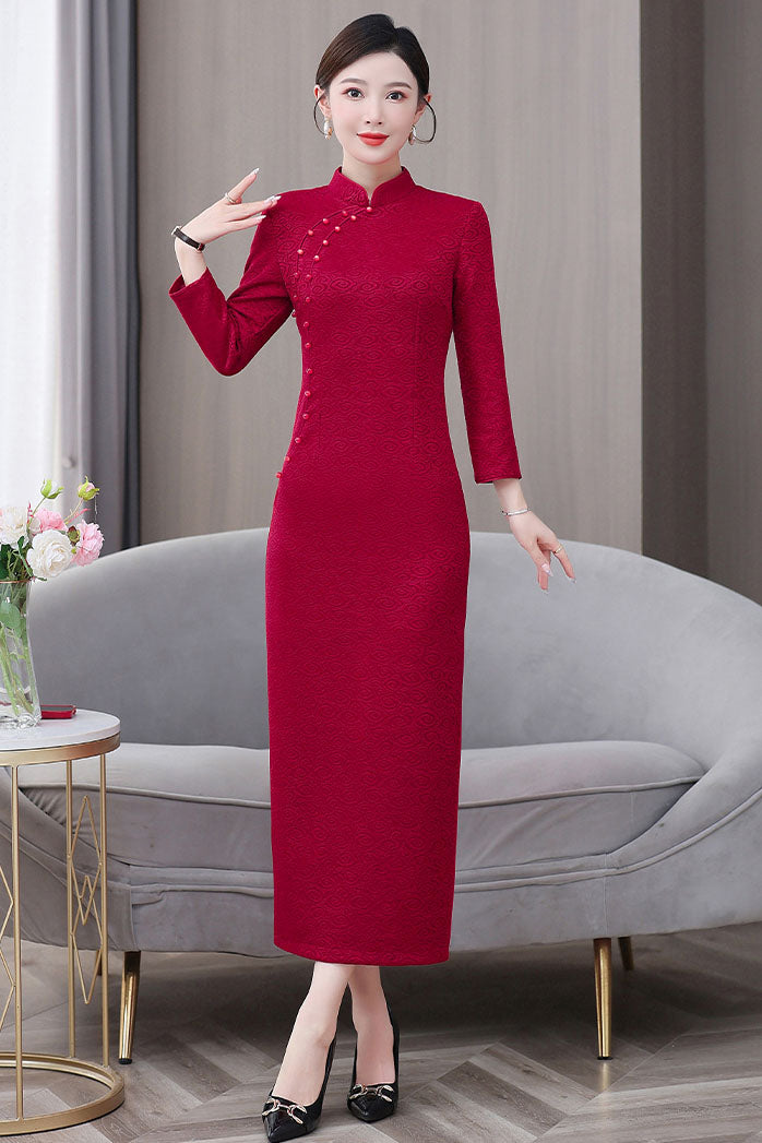 Red Cheongsam High-end Auspicious cloud Long-sleeved Banquet Dress