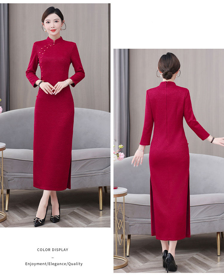 Red Cheongsam High-end Auspicious cloud Long-sleeved Banquet Dress