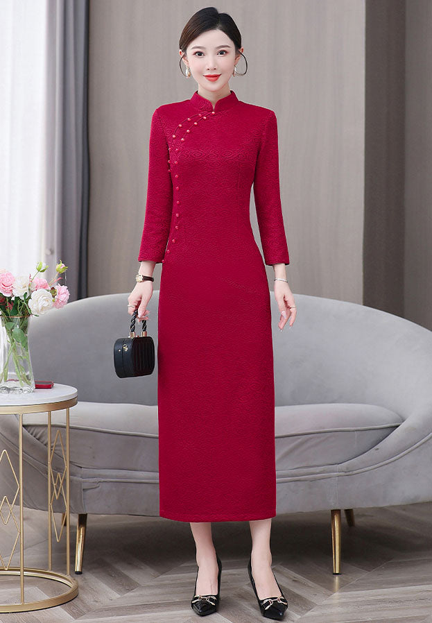 Red Cheongsam High-end Auspicious cloud Long-sleeved Banquet Dress