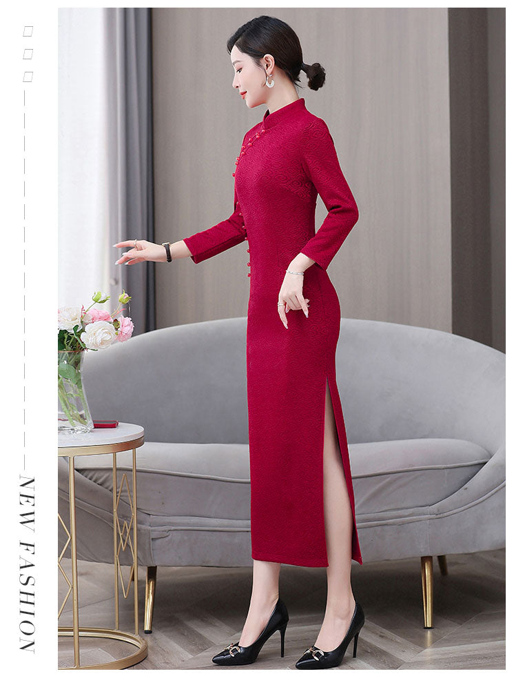 Red Cheongsam High-end Auspicious cloud Long-sleeved Banquet Dress