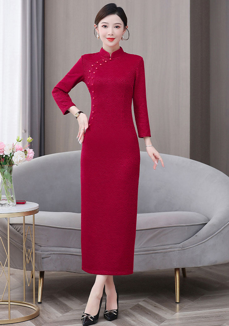 Red Cheongsam High-end Auspicious cloud Long-sleeved Banquet Dress