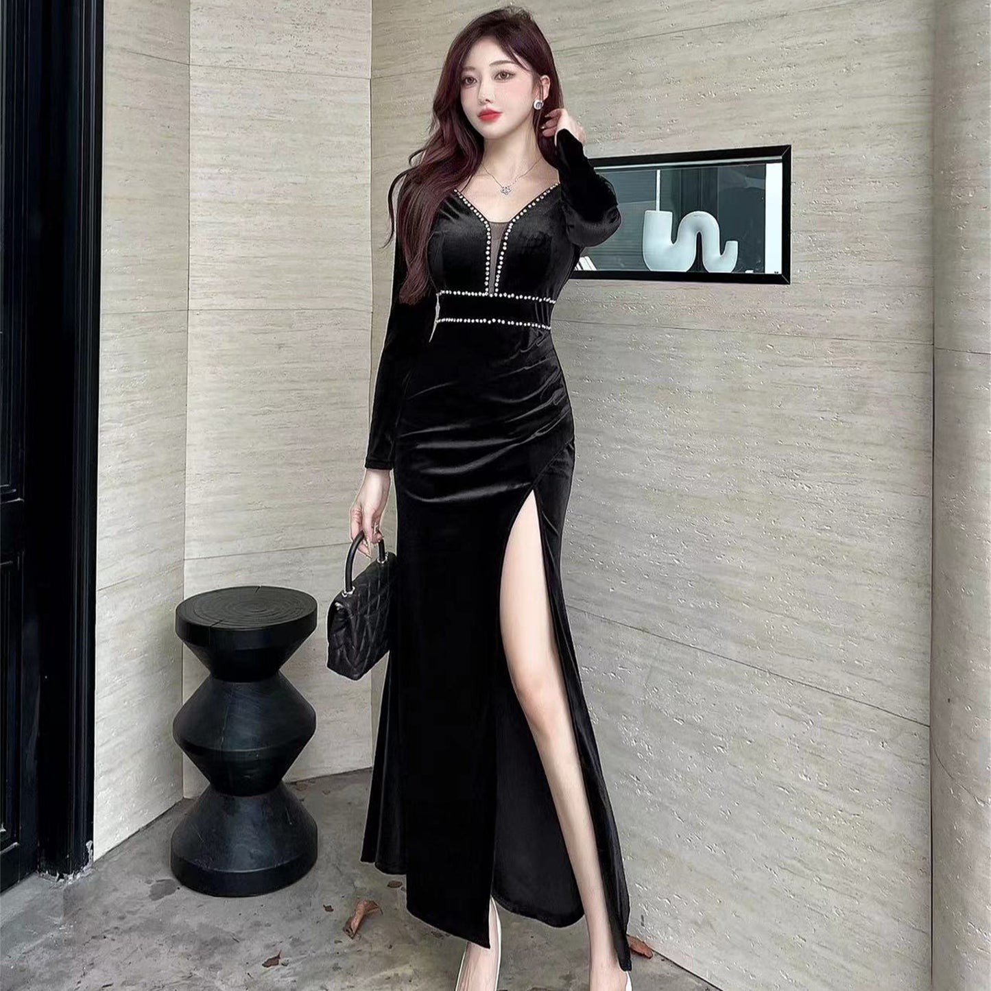 Gold Velvet High Slit Evening Dress