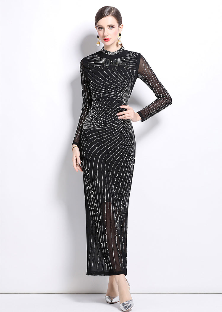 Long-sleeve Mesh Slim Long Evening Dress