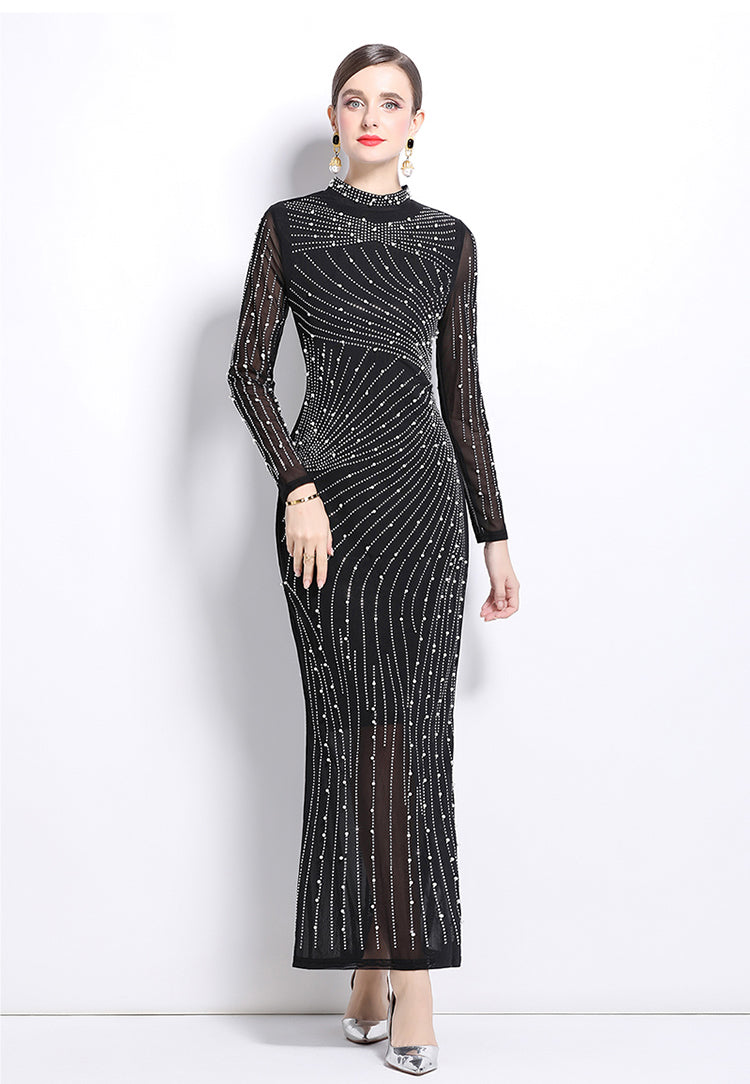 Long-sleeve Mesh Slim Long Evening Dress