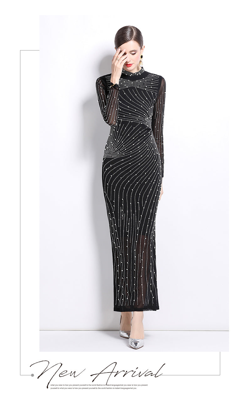 Long-sleeve Mesh Slim Long Evening Dress