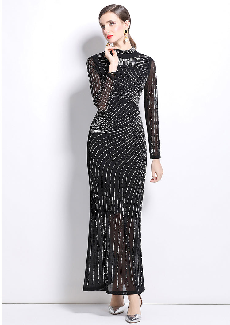 Long-sleeve Mesh Slim Long Evening Dress