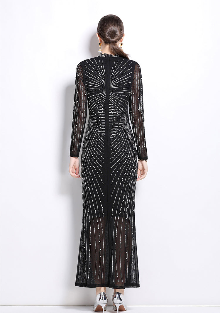 Long-sleeve Mesh Slim Long Evening Dress