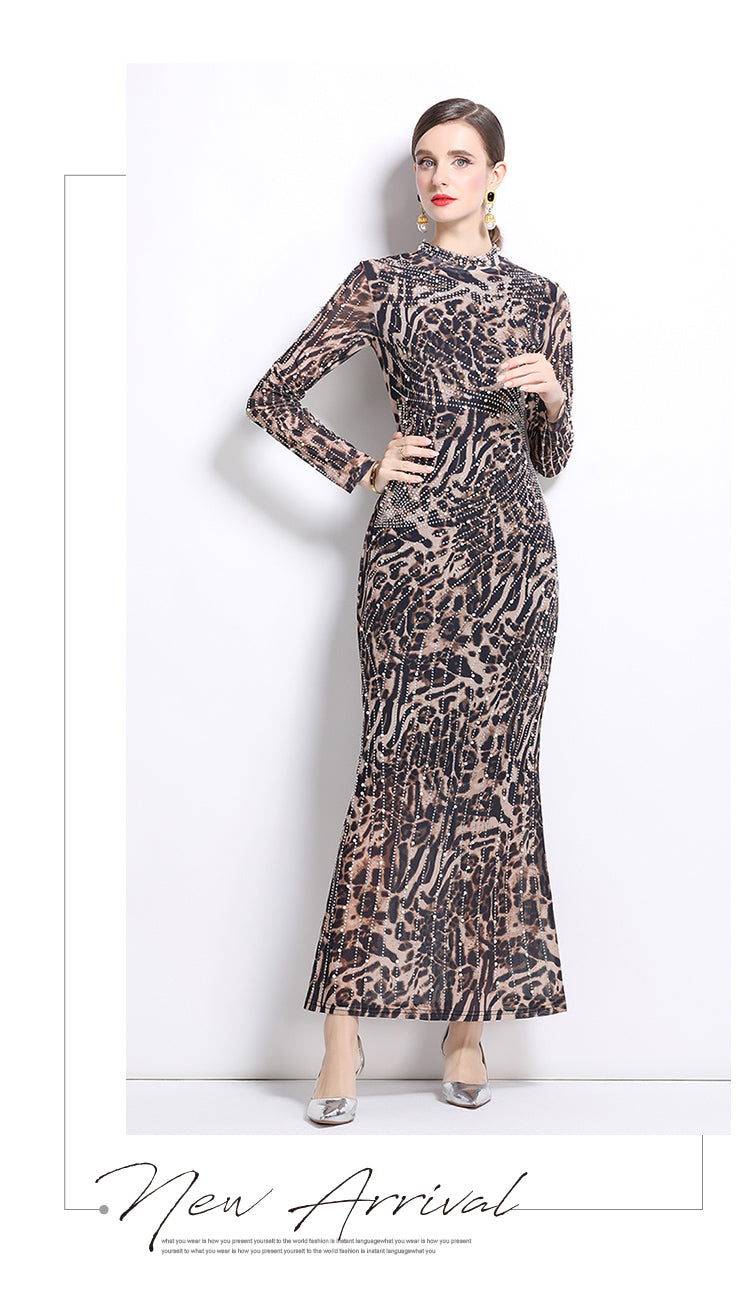 Long-sleeve Mesh Slim Long Evening Dress