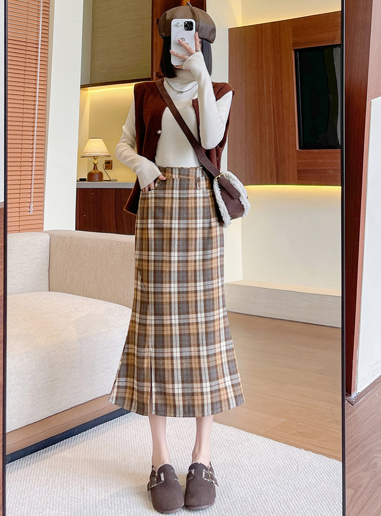 Plaid High Waist Fishtail Skirt