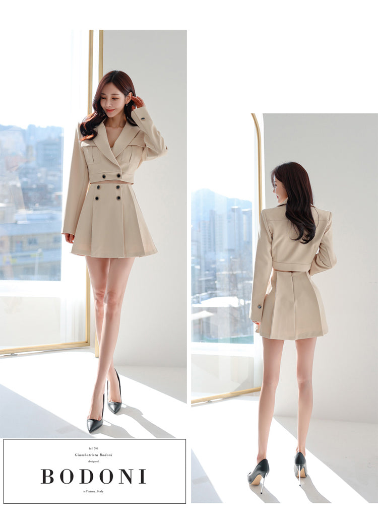 Light Khaki Crop Top Jacket + Mini Skirt Two Pieces Suit Set