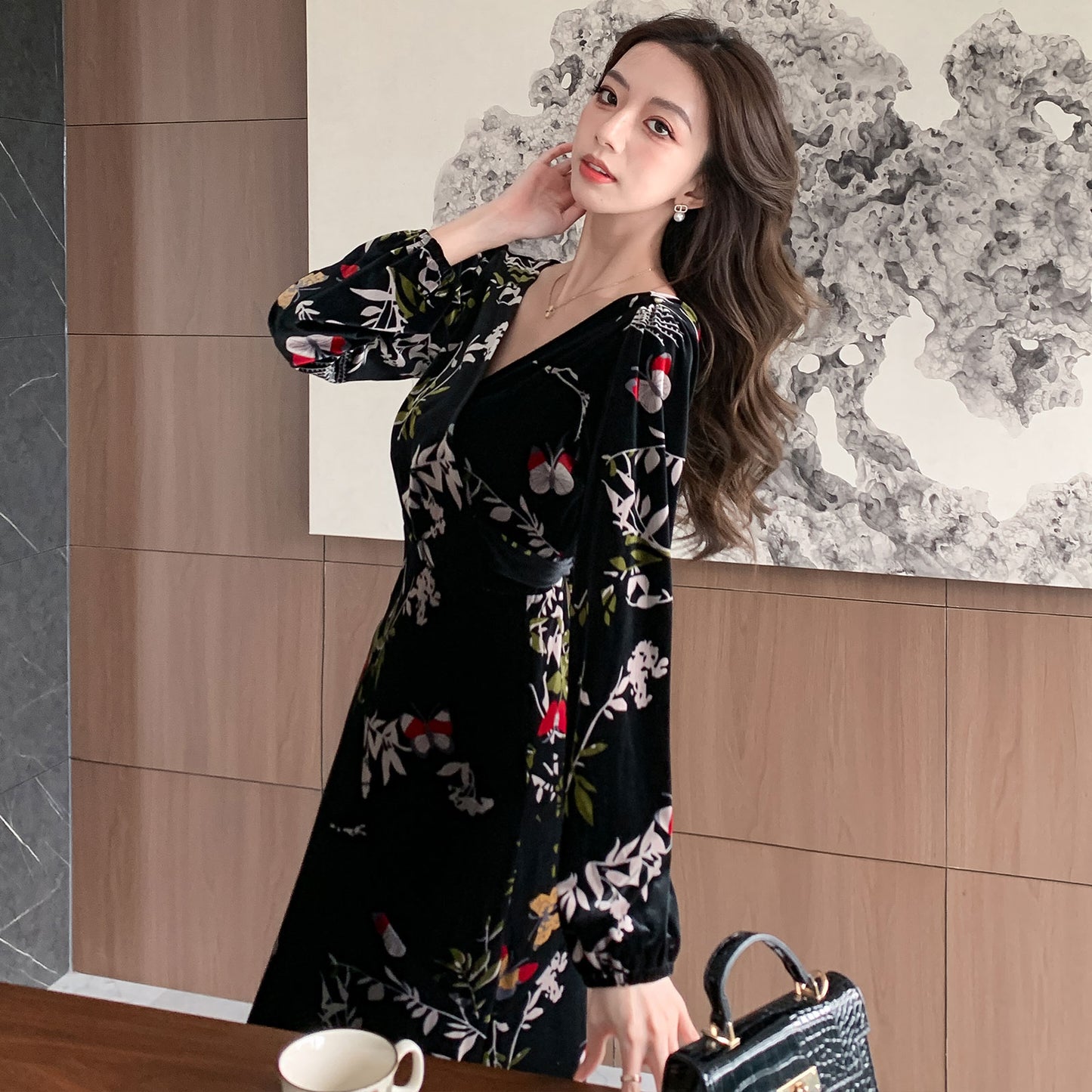 Black Floral V-neck Embossed Velvet Dress