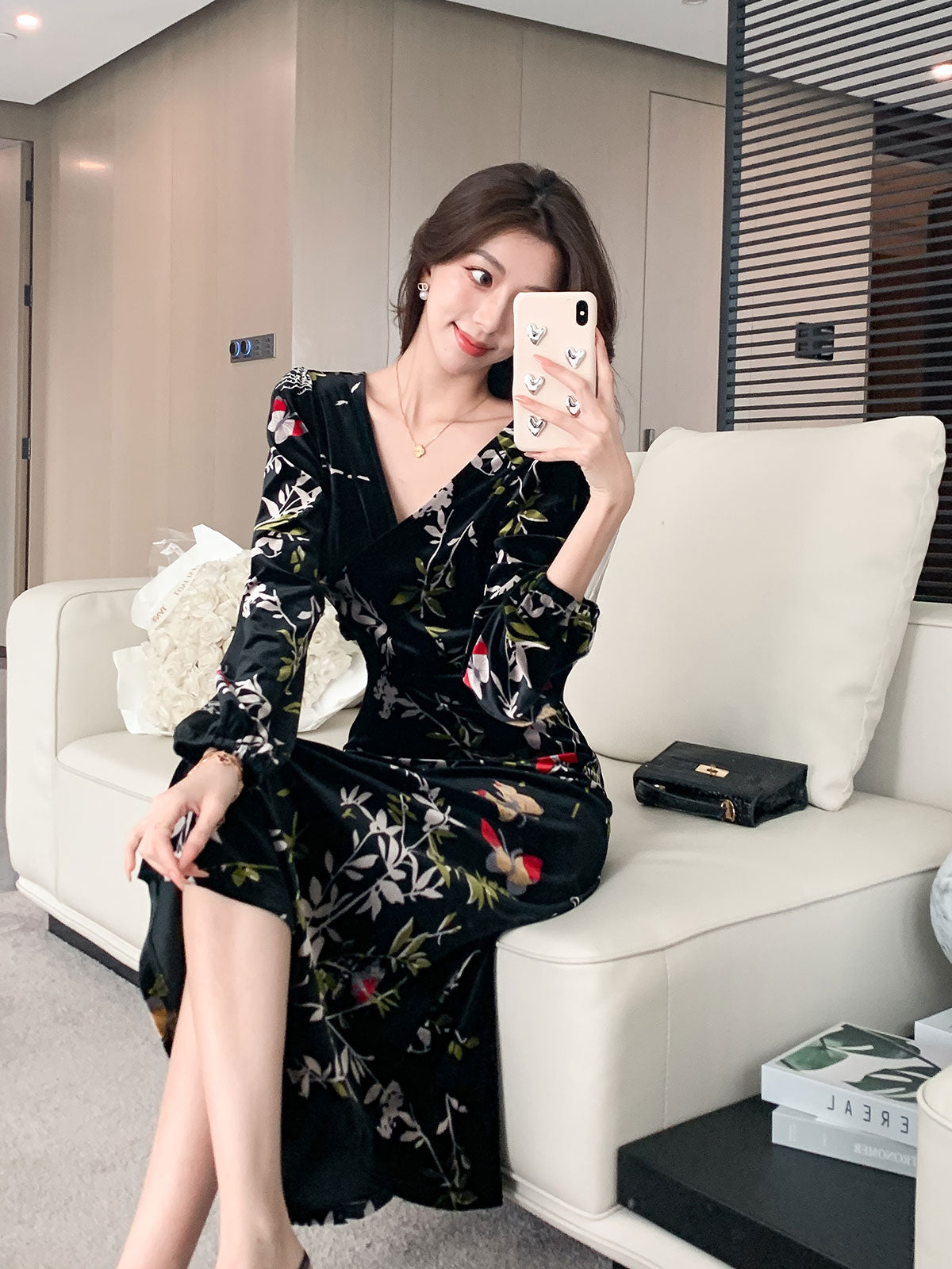 Black Floral V-neck Embossed Velvet Dress