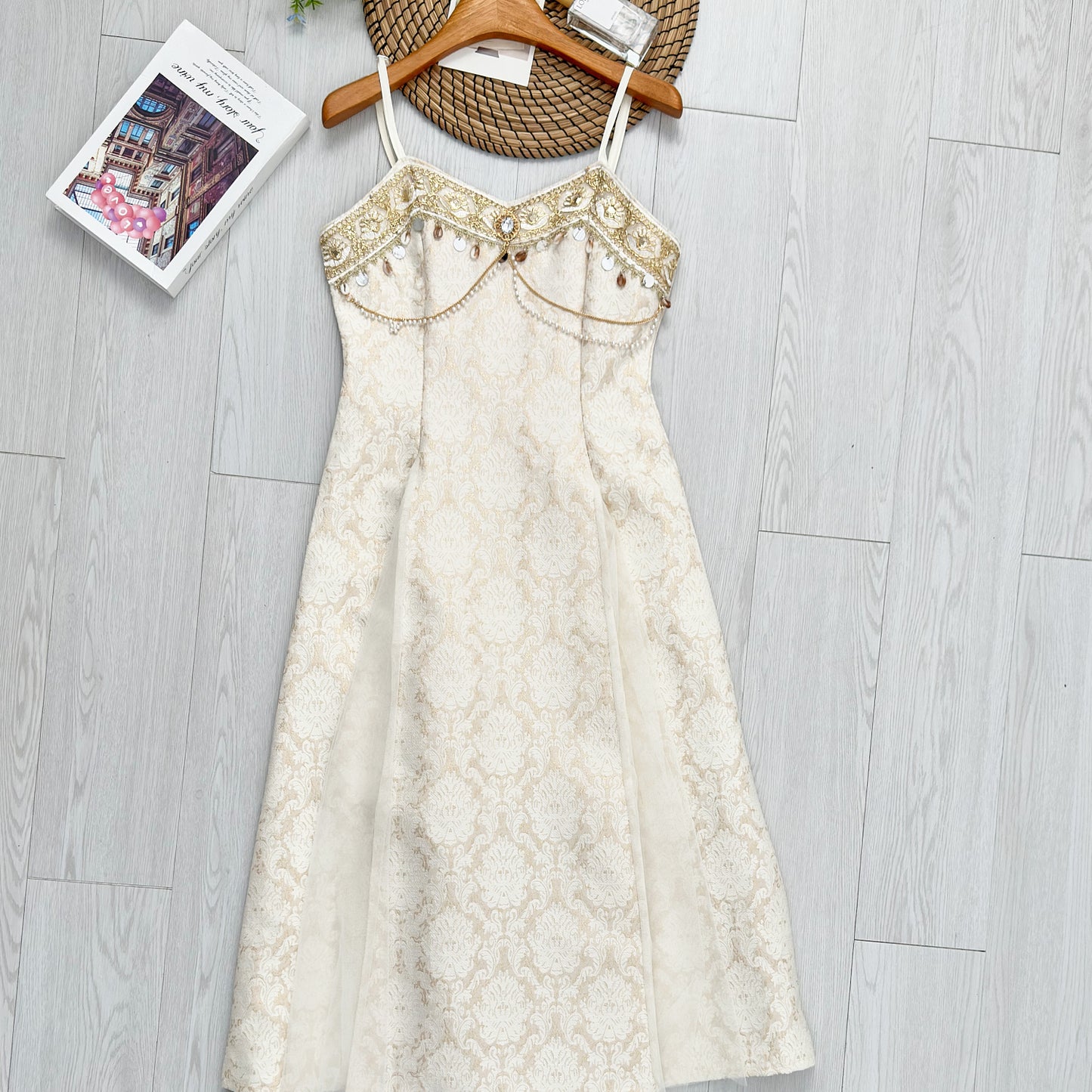 White Cardigan + Spaghetti Beaded Elegant Dress