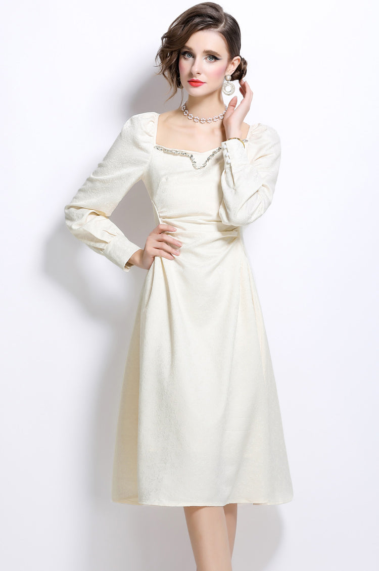 Jacquard Handmade Rhinestone Off-white Puff Sleeve Dress