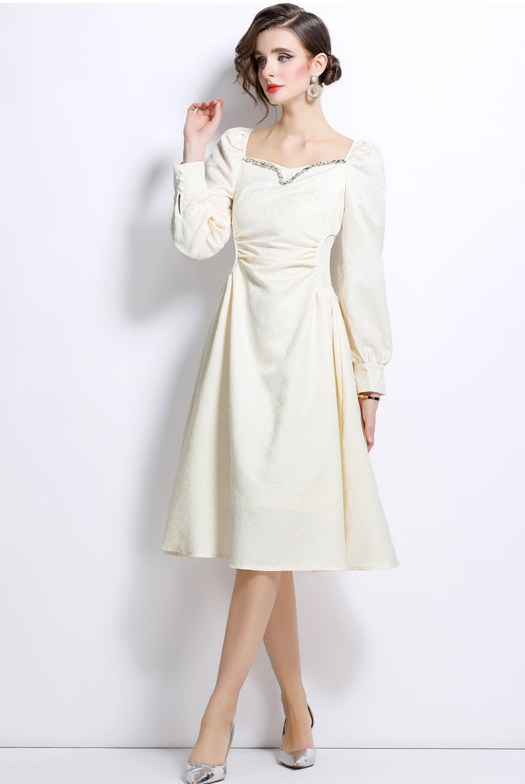 Jacquard Handmade Rhinestone Off-white Puff Sleeve Dress