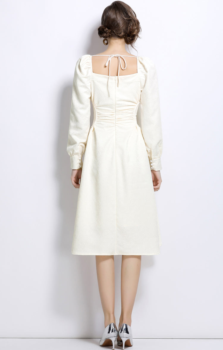 Jacquard Handmade Rhinestone Off-white Puff Sleeve Dress